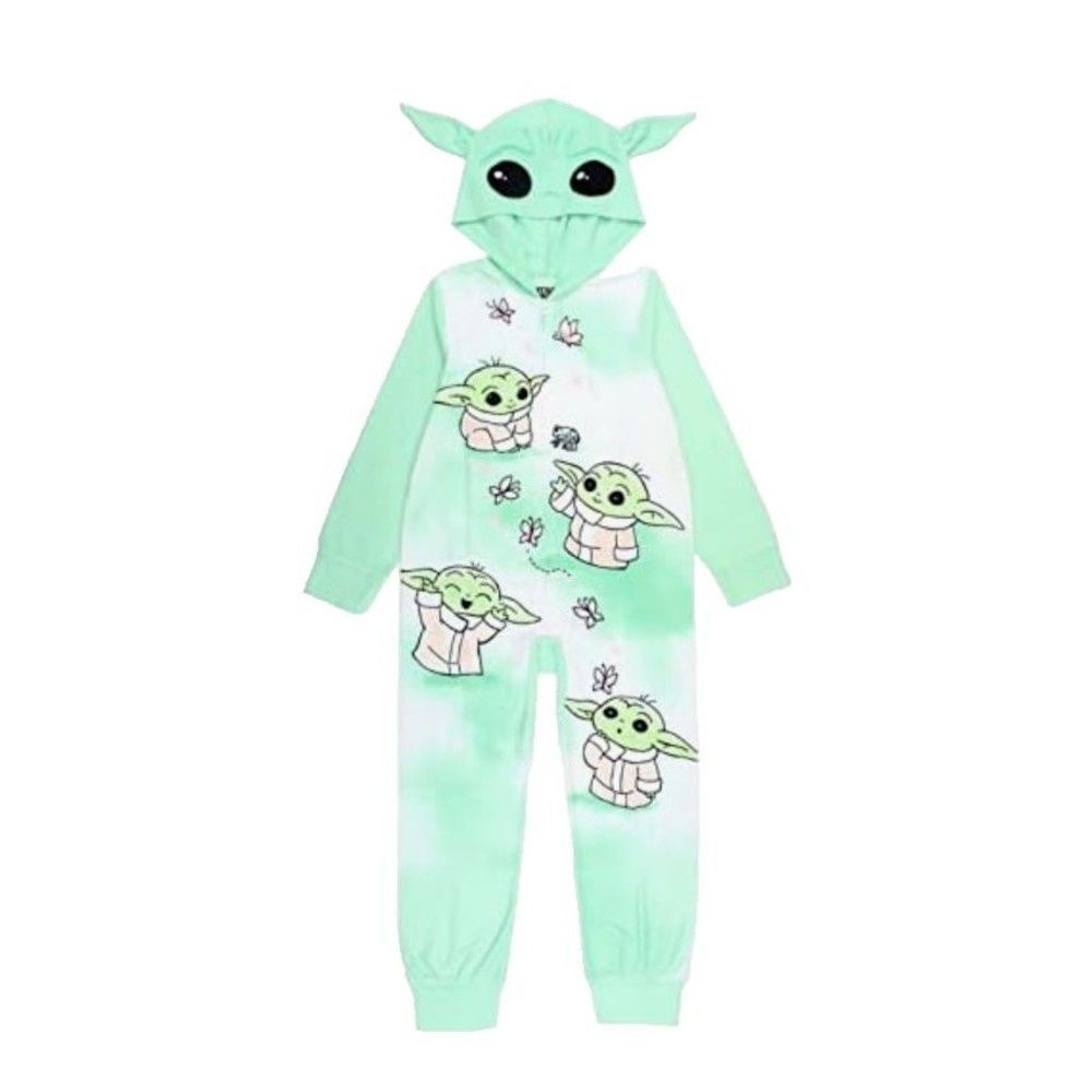 Star Wars Mandalorian Boys Hooded One Piece Pajamas Sleepwear Green Size 10 NEW